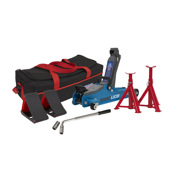 Trolley Jack 2 Tonne Low Entry Short Chassis & Accessories Bag Combo - Red