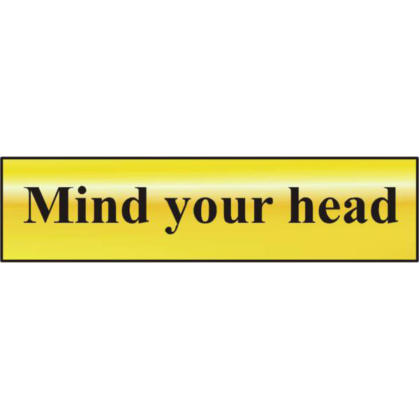 AS4735 - ASEC `Mind Your Head` 200mm x 50mm Gold Self Adhesive Sign