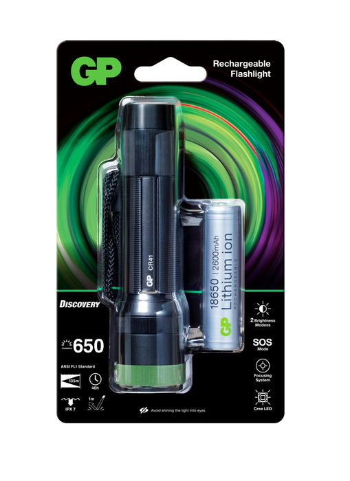 GP Discovery LED CR41 Rechargeable Torch with 1 18650 Battery