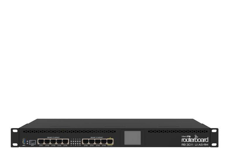 MikroTik RouterBOARD 3011UiAS with Dual core 1.4GHz ARM  CPU, 1GB RAM, 10xGbit LAN, 1xSFP port, RouterOS L5, 1U rackmount case, LCD