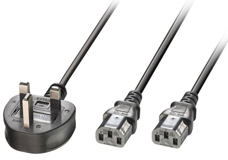 MicroConnect UK power cord splitter cable  to 2 x C13 2.5m fully  moulded, fused at 13A black