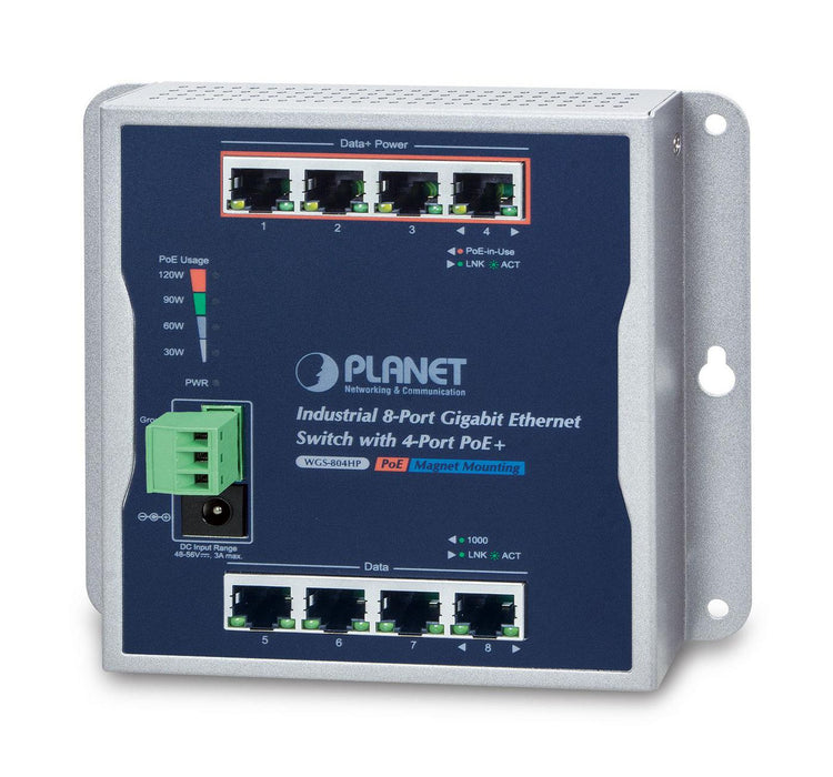 Planet IP30 8-P Gigabit Wall-mount Switch with 4-Port 802.3AT  POE+  (-10 to 60 C), dual redundant power input on 48-56V DC terminal block