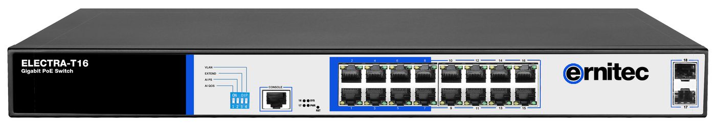 Ernitec 16 Port Gigabit PoE Switch Managed Layer 2, 16 Gigabit  ports, 2 Gigabit SFP ports, modes: AI VLAN,AI Extend, AIPoE, AI QOS