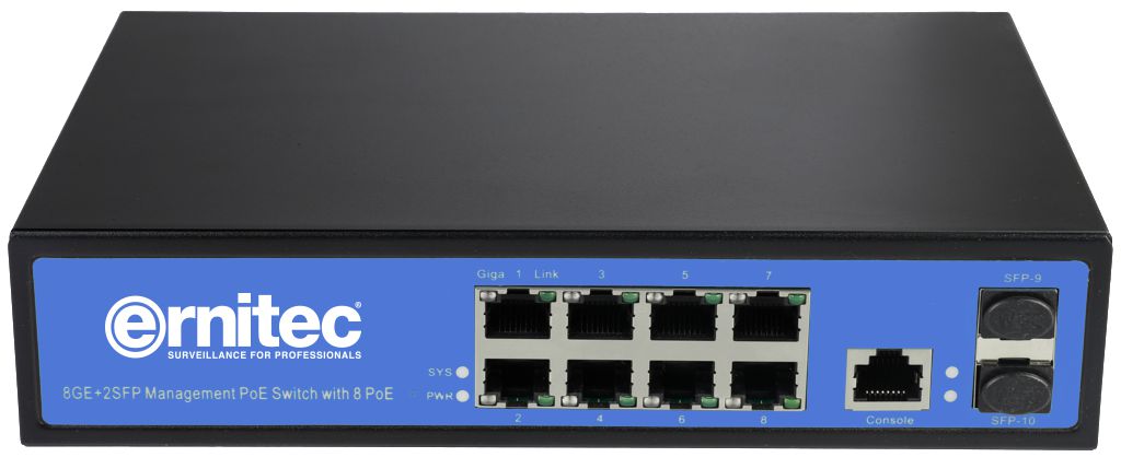 Ernitec 8 Ports Gigabit PoE Switch Managed Layer 2, 8 Gigabit  RJ45 ports, 2 Gigabit SFP ports.