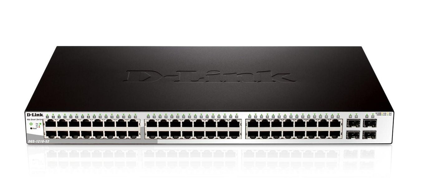 D-Link 48 10/100/1000 Base-T port with 4 x 1000Base-T /SFP ports 48 x 10/100/1000 Mbps, 4 x dual-speed SFP, 104 Gbps, 77.4 Mpps, 47.1 dB(A)
