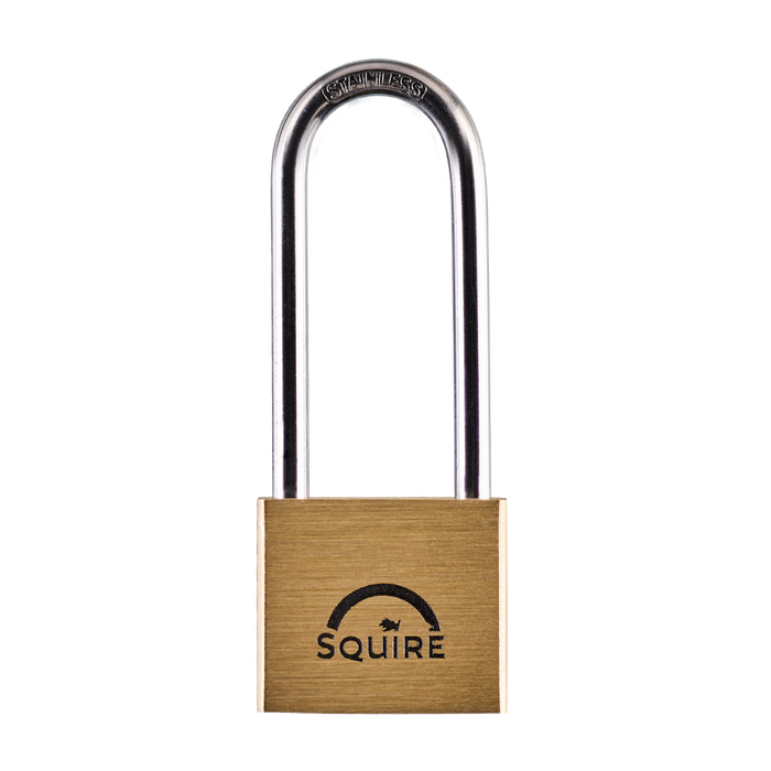 L32340 - SQUIRE Lion Brass Long Shackle Padlock with Stainless Steel Shackle