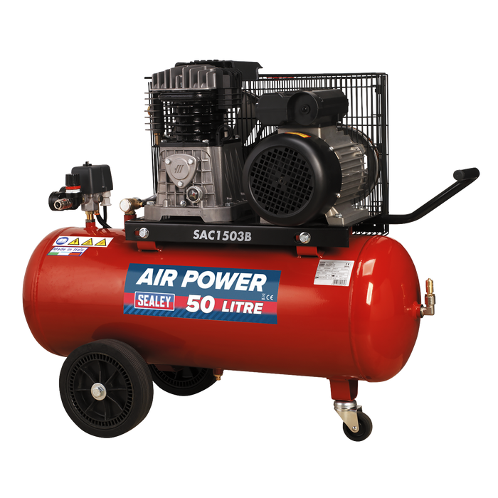 Air Compressor 50L Belt Drive 3hp with Cast Cylinders & Wheels